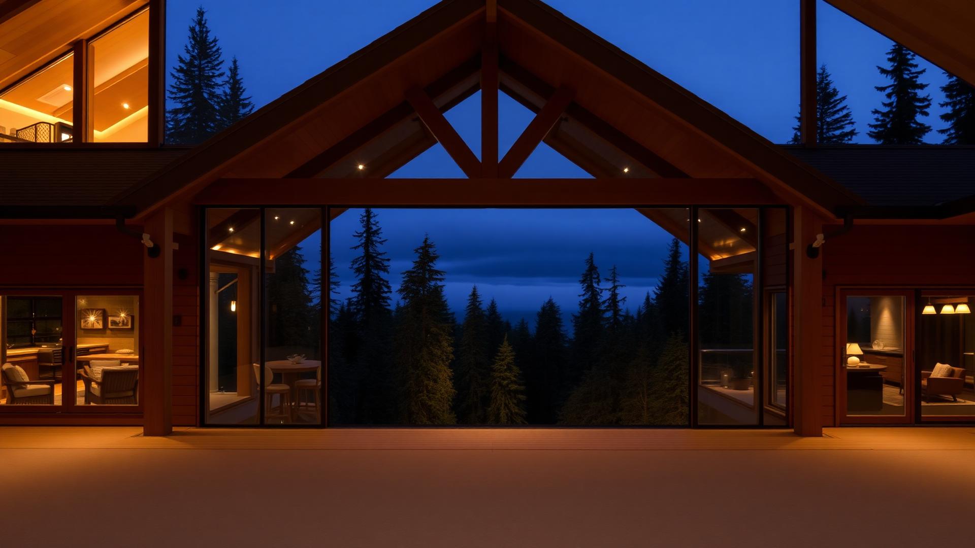 Glass-walled home overlooking the Olympic Peninsula at dusk