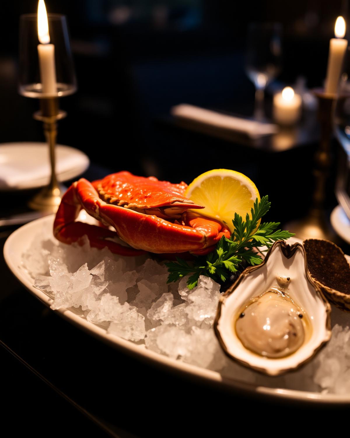 Dungeness crab and local oysters plated at a Sequim restaurant