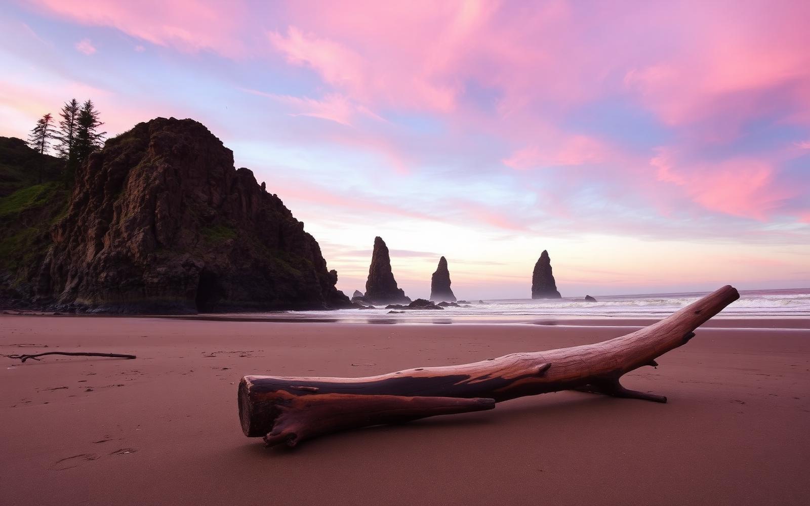 Sea stacks and driftwood at Ruby Beach at sunset